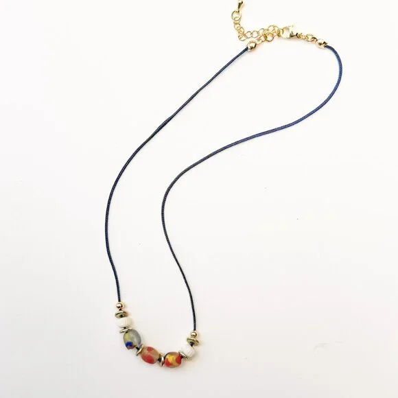Recycled Glass Bead Necklace Ghana Satin Cord Colourful Minimalist Boho - Picture 2 of 9